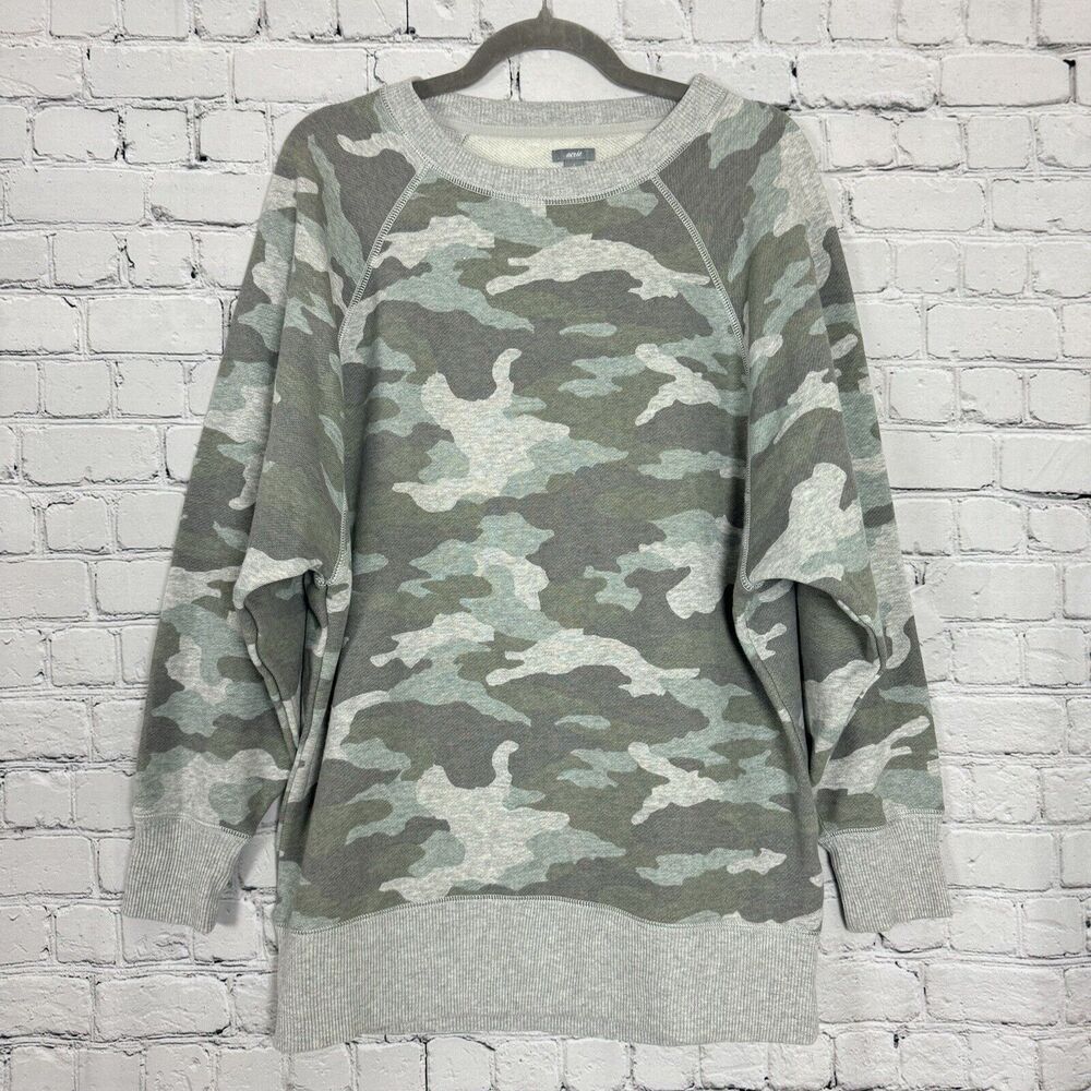 Aerie Sweatshirt Top Womens S Green Camo Cotton Blend Crewneck Pullover Sweater